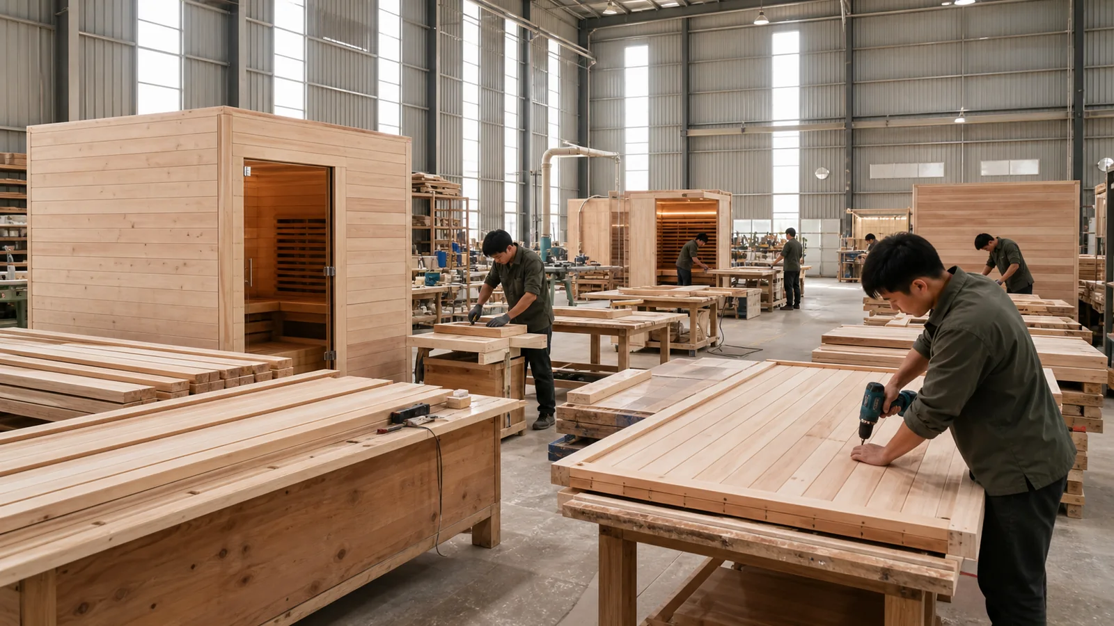 Sauna cabin structure and panel assembly factory evidence visual