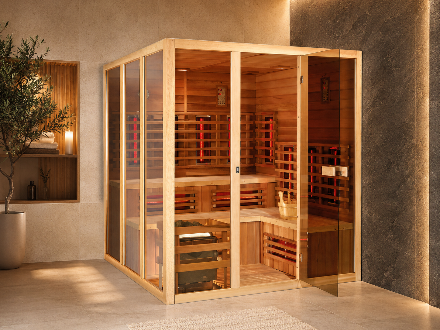 Custom Made Hybrid Infrared Heater and Traditional Stove 2 Heaters Red Cedar Wood 6 People Sauna Rooms