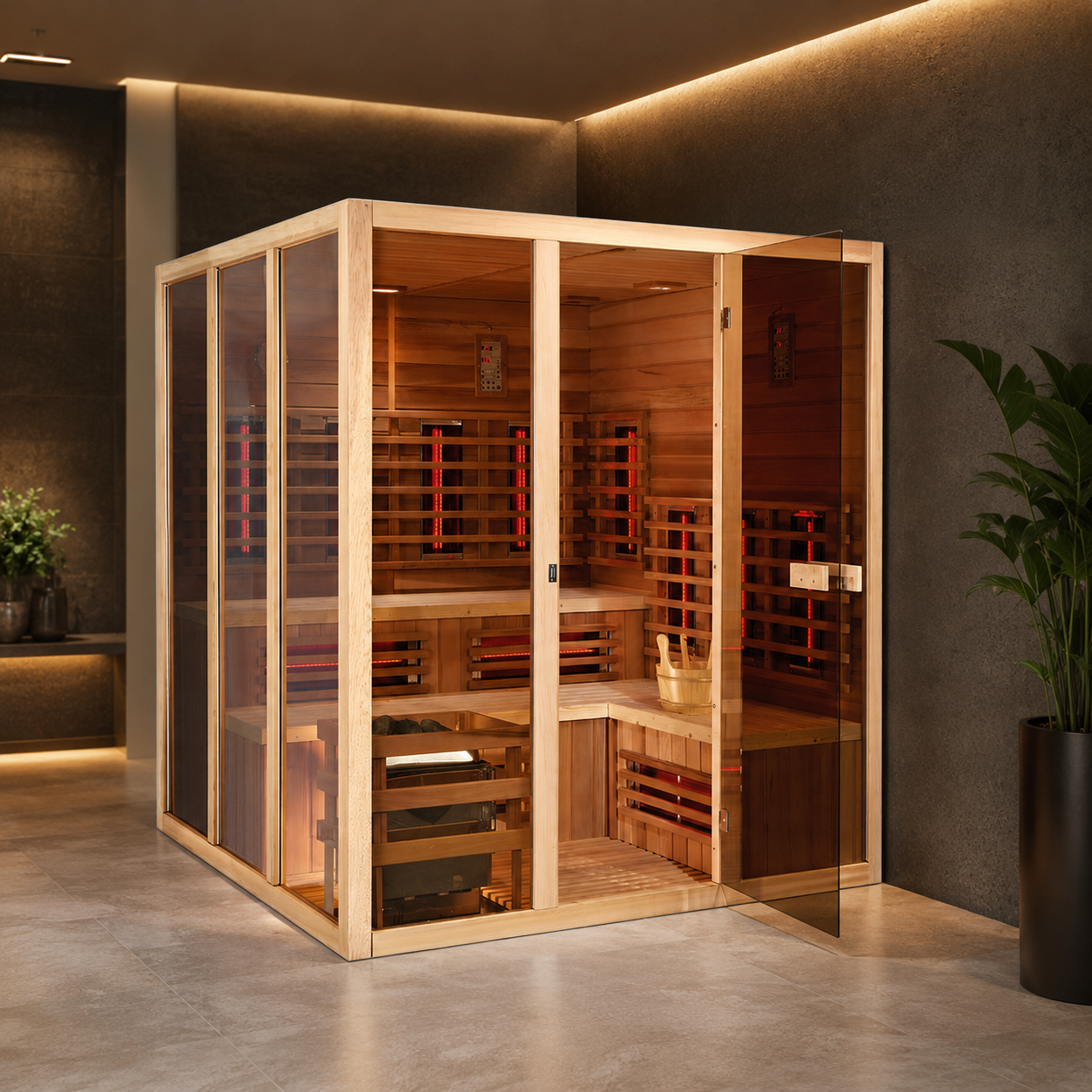 Custom Made Hybrid Infrared Heater and Traditional Stove 2 Heaters Red Cedar Wood 6 People Sauna Rooms view 03