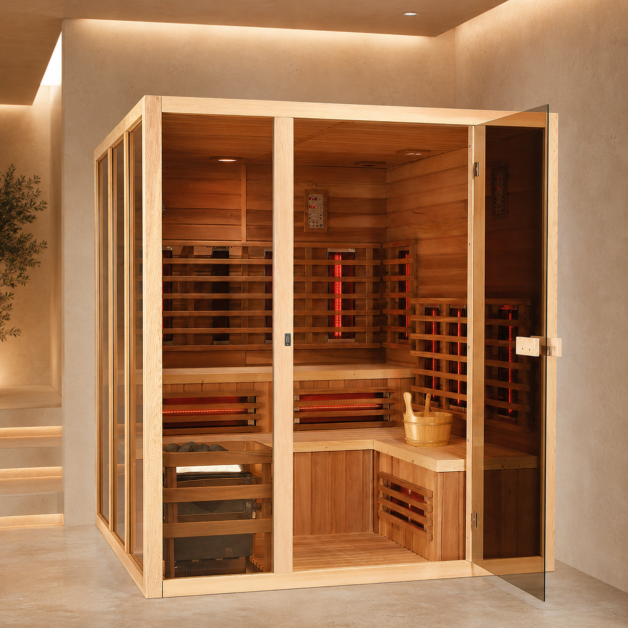 Custom Made Hybrid Infrared Heater and Traditional Stove 2 Heaters Red Cedar Wood 6 People Sauna Rooms view 04