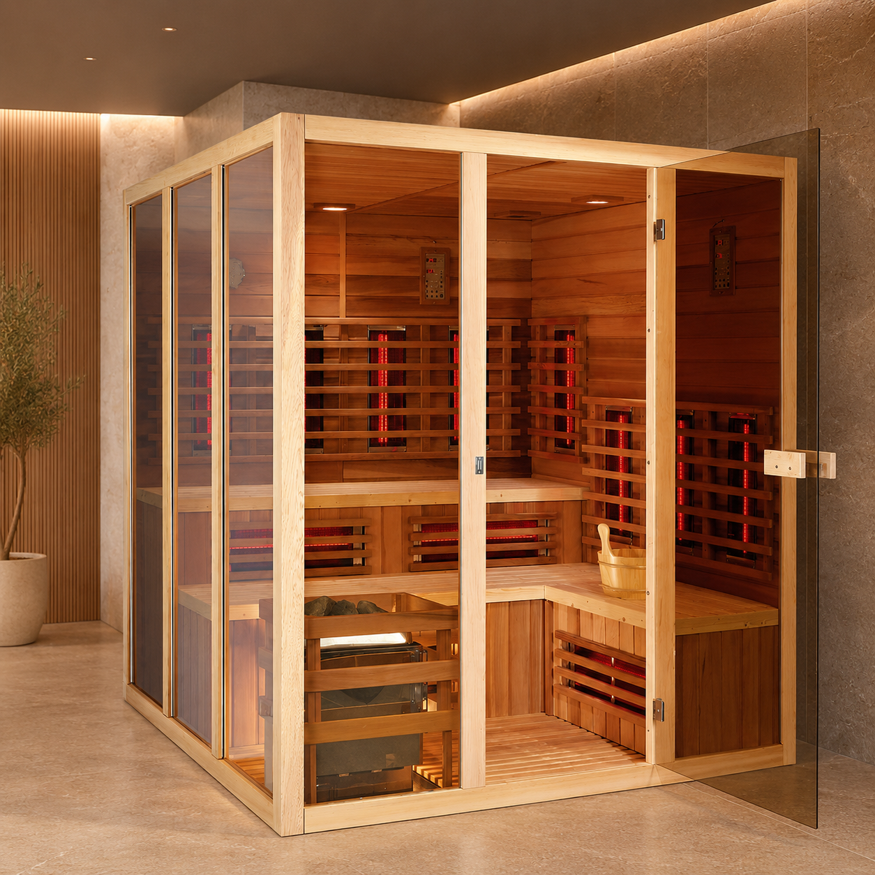 Custom Made Hybrid Infrared Heater and Traditional Stove 2 Heaters Red Cedar Wood 6 People Sauna Rooms view 05