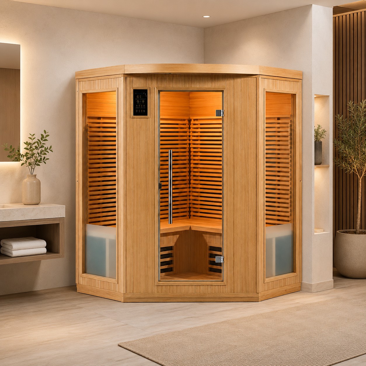 Customized Indoor Corner 4 People Wooden Sauna Room With Far Infrared Heater view 04