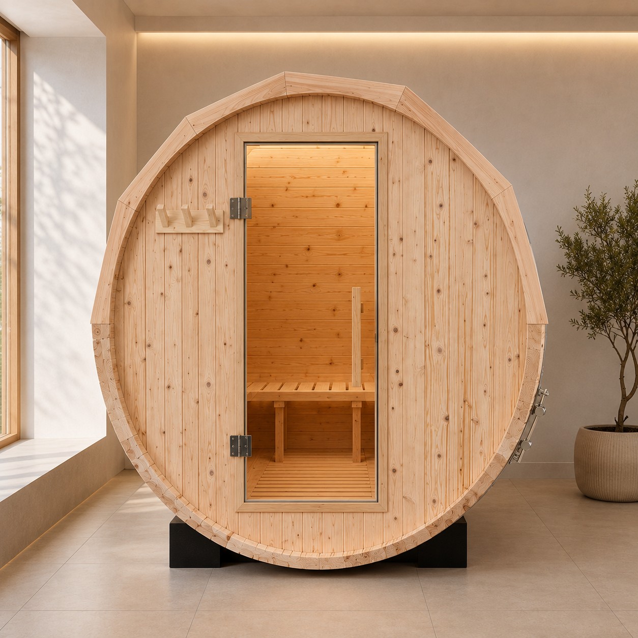 Large Diameter 2 Person Panoramic Barrel Sauna Japan Style Wood view 02