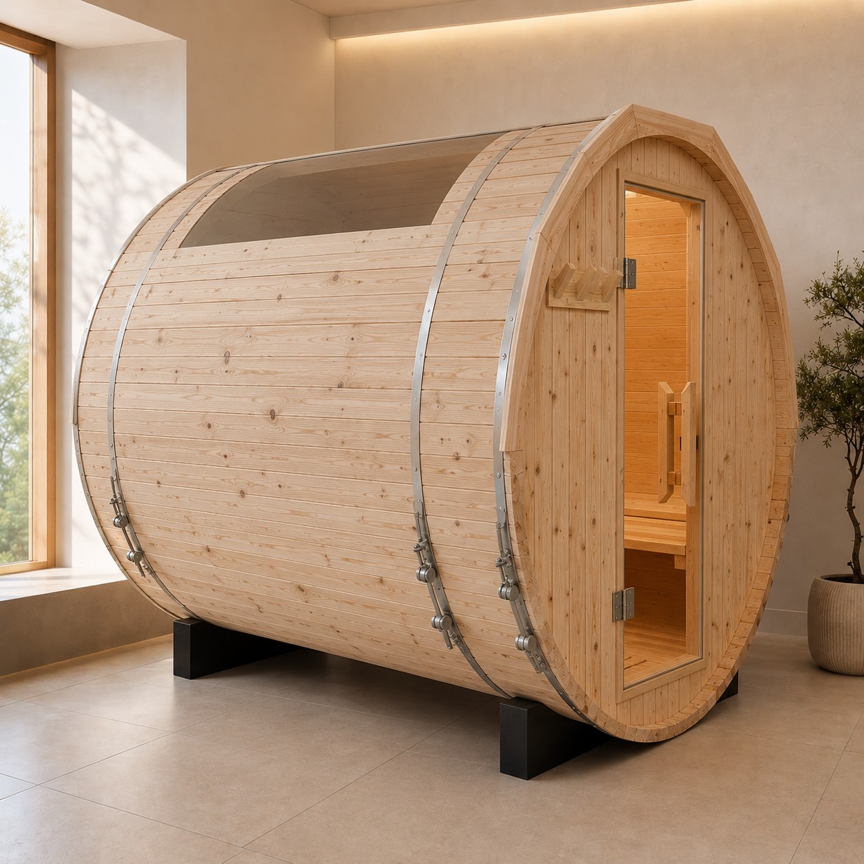 Large Diameter 2 Person Panoramic Barrel Sauna Japan Style Wood view 03