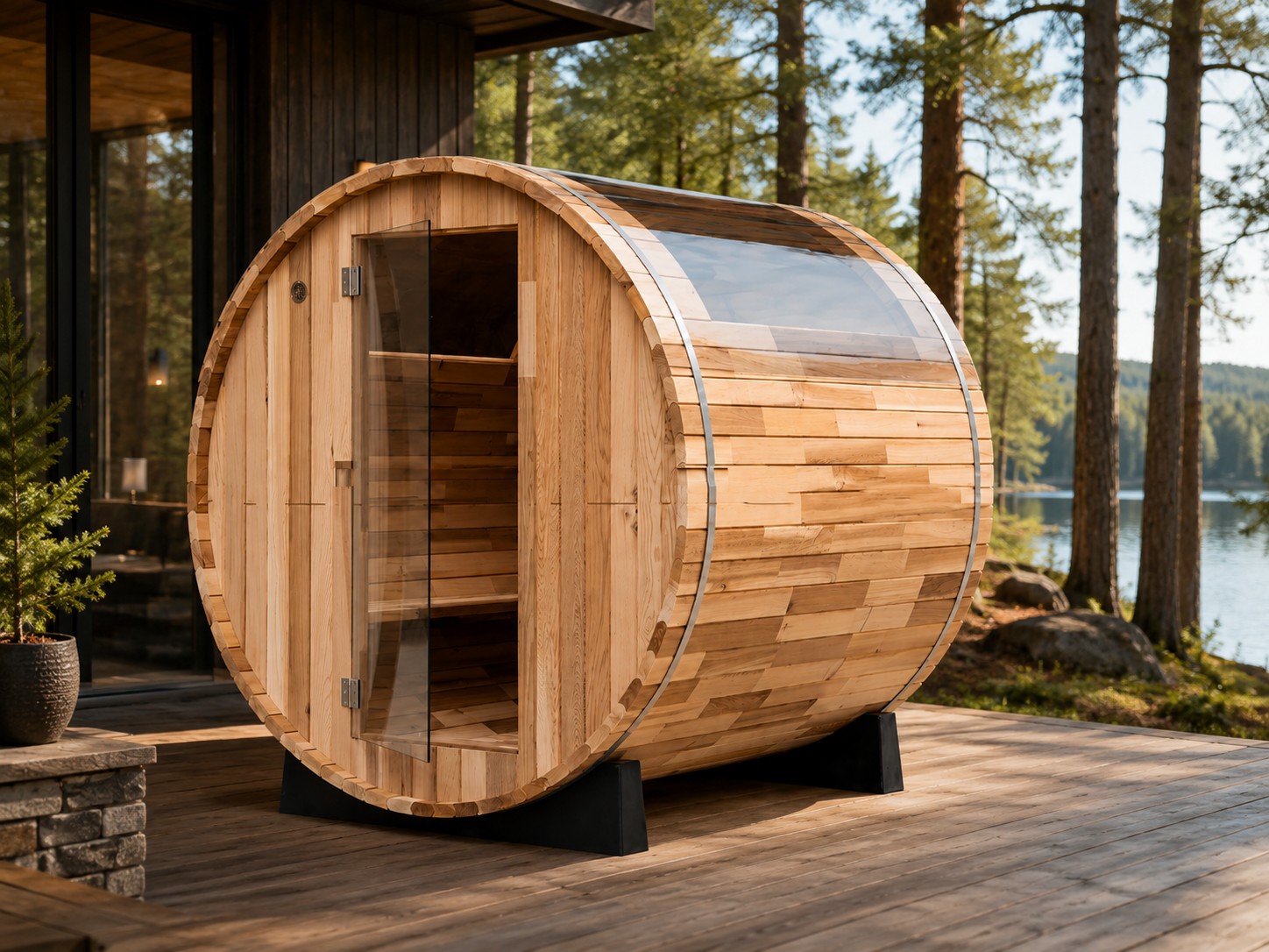 New Canadian Red Cedar Barrel Sauna Red Cedar Panoram Windows SPA 4 Person Size Sauna Red Cedar Works view 04
