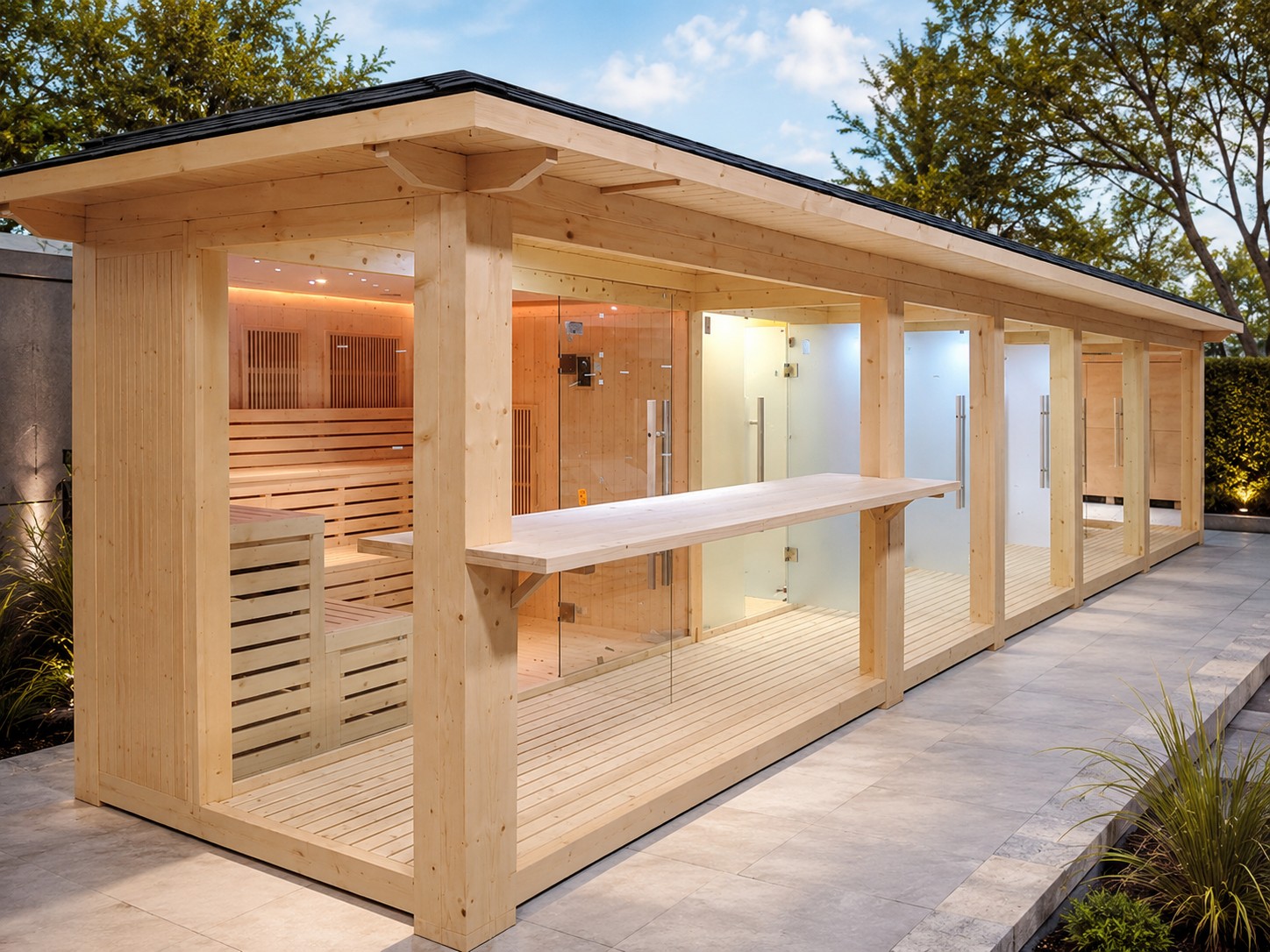 New Wooden House Combo Gazebo Wet Steam Shower changing Toilet dry Infrared Sauna Rooms