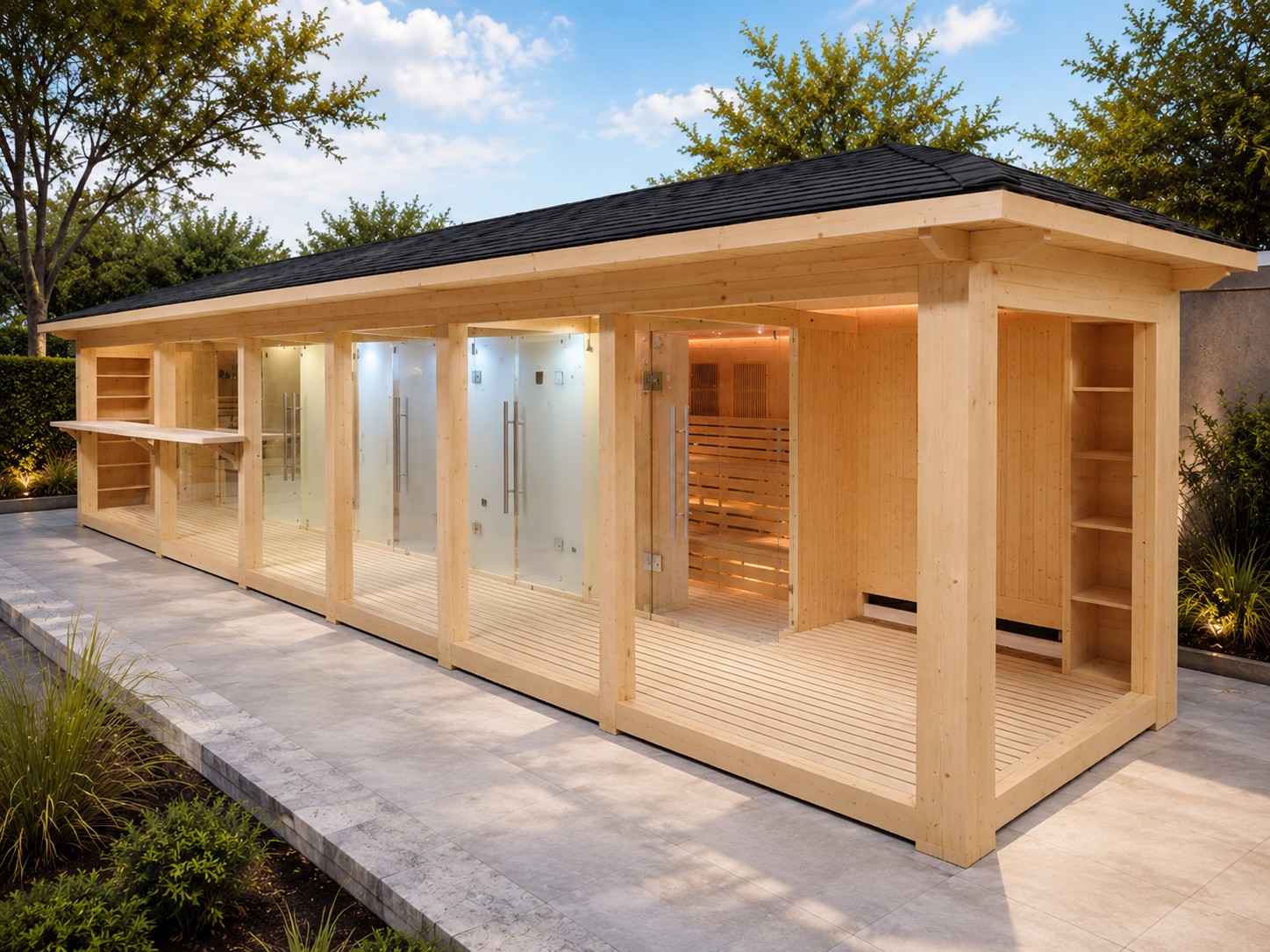 New Wooden House Combo Gazebo Wet Steam Shower changing Toilet dry Infrared Sauna Rooms view 02