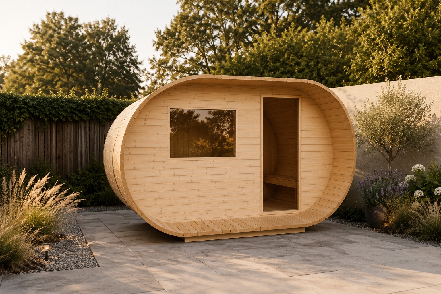 Oval shaped outdoor Sauna room view 02