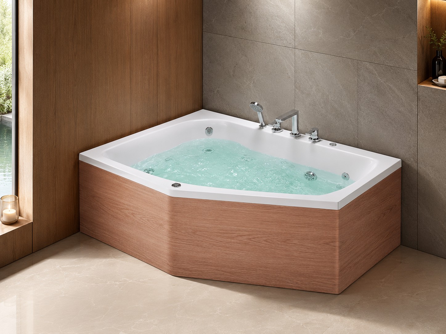 Standing Bathtub 2 Person Round Freestanding Massage Spa Bathtub With Waterfall