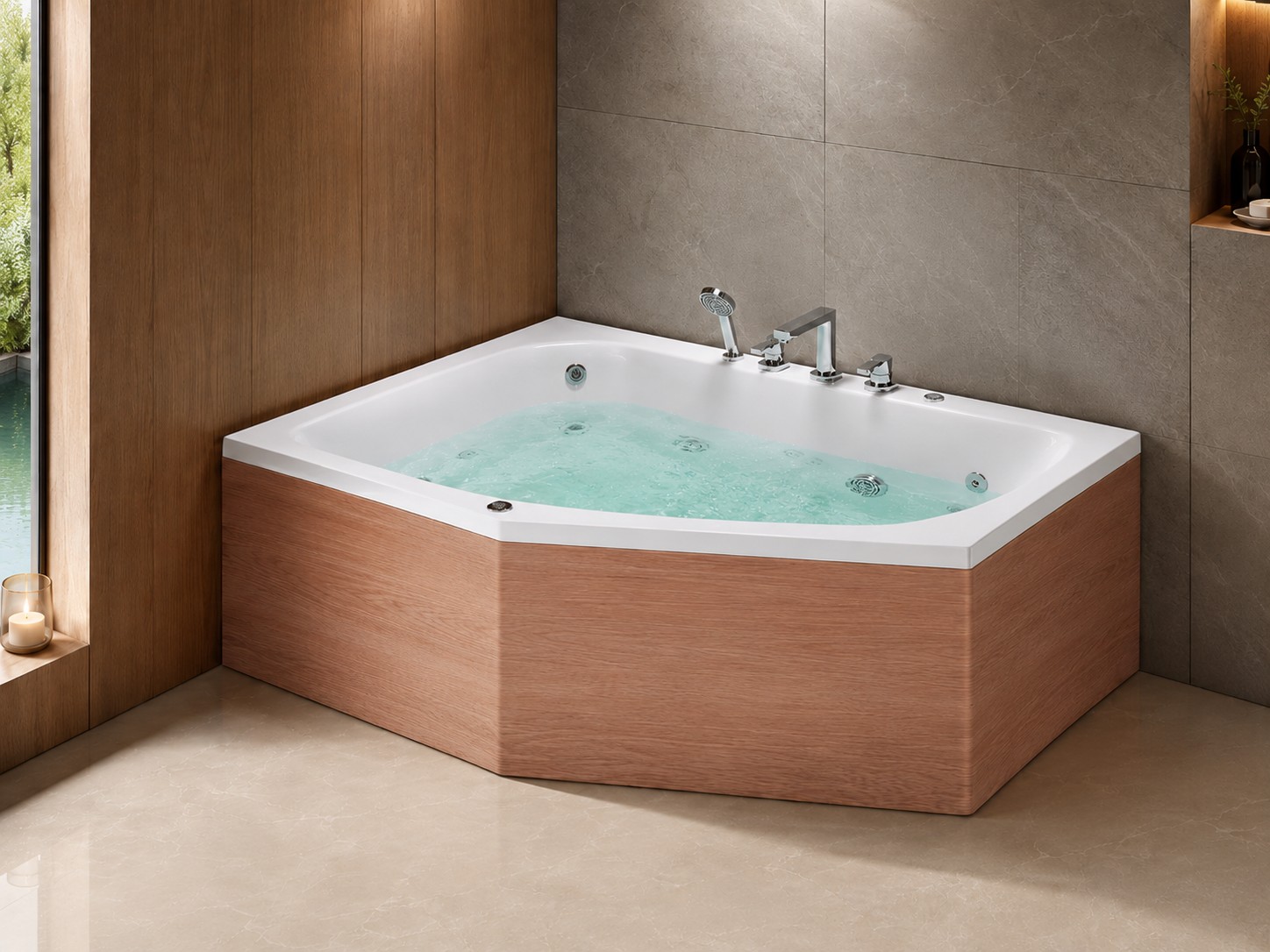 Standing Bathtub 2 Person Round Freestanding Massage Spa Bathtub With Waterfall view 02