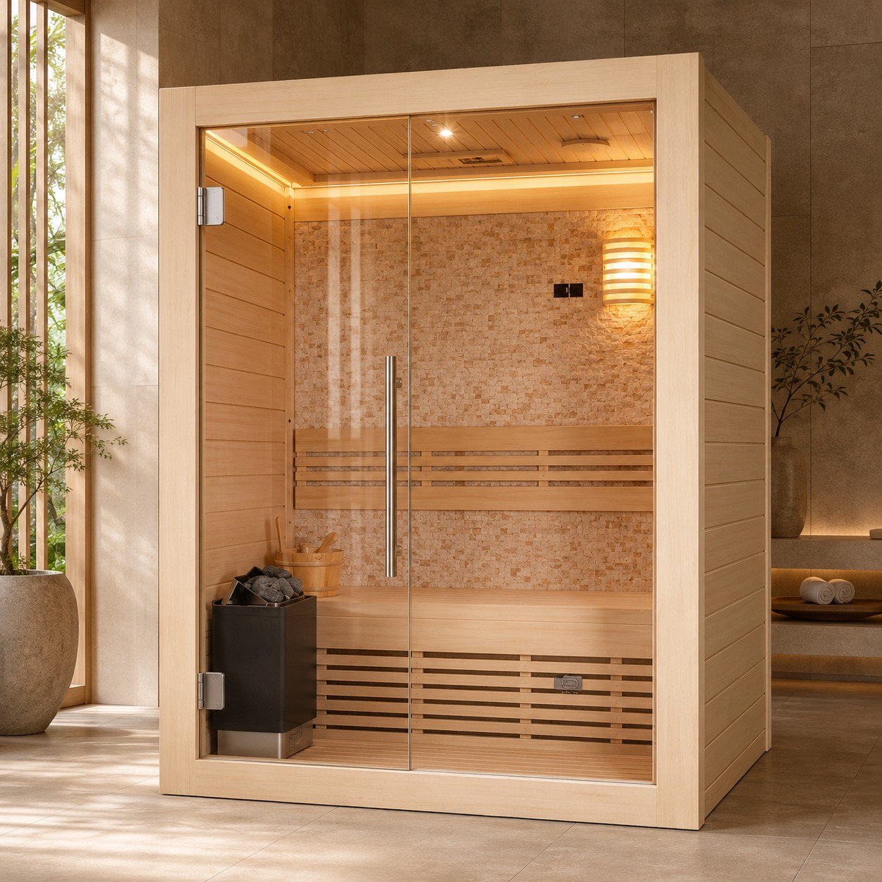 Traditional Infinity Sauna Room with Stove